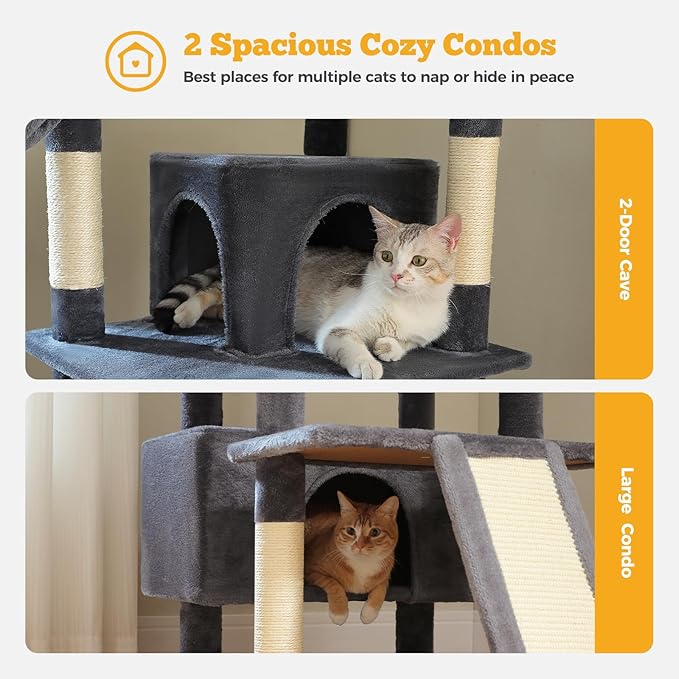 81" Heavy Duty Cat Tree for Large Cats up to 20lbs - Extra Tall Cat Tower with Metal Frame Hammock, 6 Sisal Scratching Posts, 2 Perches - Indoor Cat Furniture for Maine Coon, Dark Gray-PawvioPets