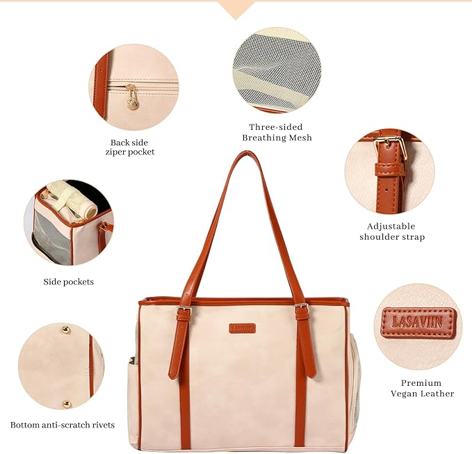 Fashion Dog Purse Pet Carrier Leather Bag for Small Dogs Cats Puppy, Portable Tote Bag Airline Approved Soft-Sided Carriers (Beign)-PawvioPets
