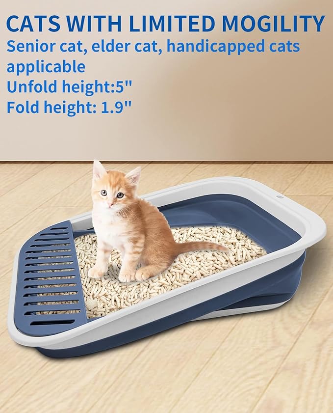 BNOSDM Collapsible Small Cat Litter Box for Kittens Open Potty Pan Foldable Cat Toilet with Scoop Senior Kitty Travel Shallow Litters Boxes Anti-Splash Waterproof Blue 17.7"×13.4"-PawvioPets