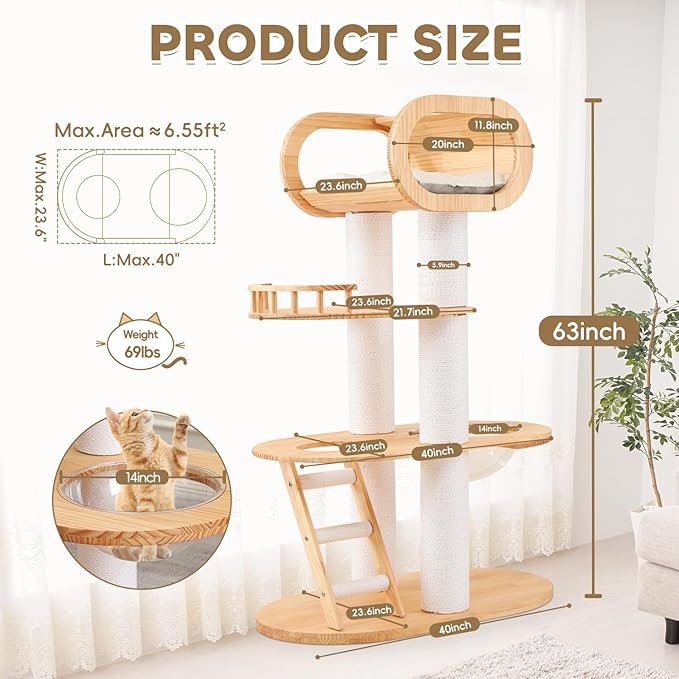 63'' Tall Modern Cat Tree for Indoor Cats, Luxury Cat Tree, Multi-Level Wood Climb Tower for Large Cat, Heavy Duty Kitty House with Transparent Bowl, Large Perches with Removable Cushion-PawvioPets