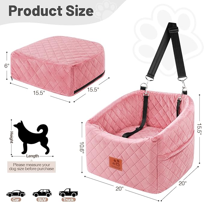 Dog Car Seat for Small Medium Dogs, Memory Foam Pet Booster Seat for Dogs up to 35 lbs, Elevated Dog Carseat, Travel Safety Bed with Washable Removable Cover and Storage Pockets (Pink)-PawvioPets