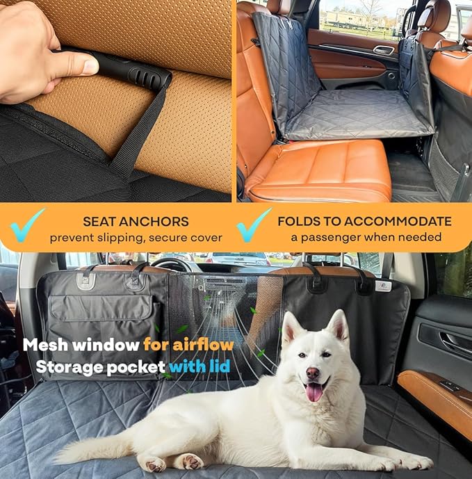APetsPlanet Dog Car Seat Cover for Back Seat Hard Bottom - Waterproof Backseat Extender for Dogs - Pet Hammock for Car, Truck, SUV - Protector Bed with Mesh Window & Storage - Black, No Door Covers-PawvioPets