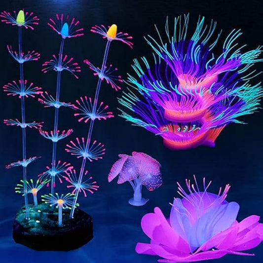 4 Pack Silicone Glowing Fish Tank Decorations Plants,Aquarium Fish Tank Glow Ornaments,Artificial Sea Anemone Coral Decor with Glowing Effect for Glow Fish Aquarium-PawvioPets