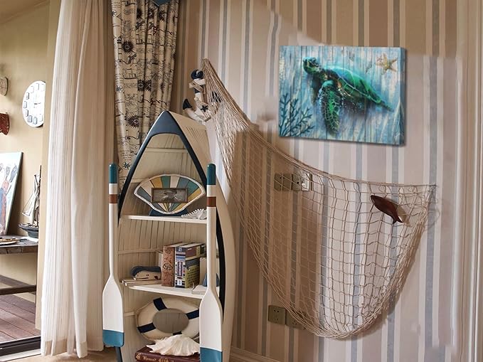 Arjun Bathroom Decor Blue Wall Art Canvas Green Sea Turtle Teal Submarine Picture, Blue Modern Landscape Painting Framed for Living Room Bedroom Home Office Wall Decor, 16"x12"-PawvioPets