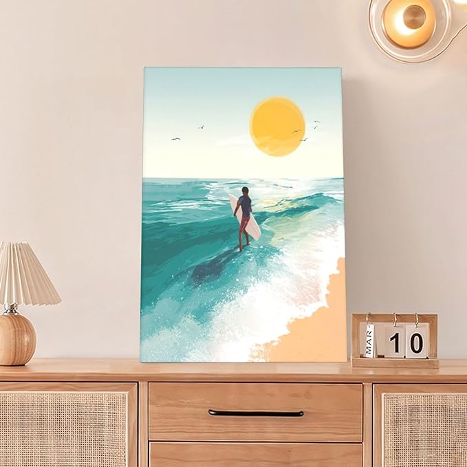 Beach Surfing Wall Art Ocean Coastal Wave Canvas Wall Decor Summer Nature Seascape Pictures Painting Print Framed Artwork Decorations for Bathroom Living Room Office Bedroom 16"x24"-PawvioPets