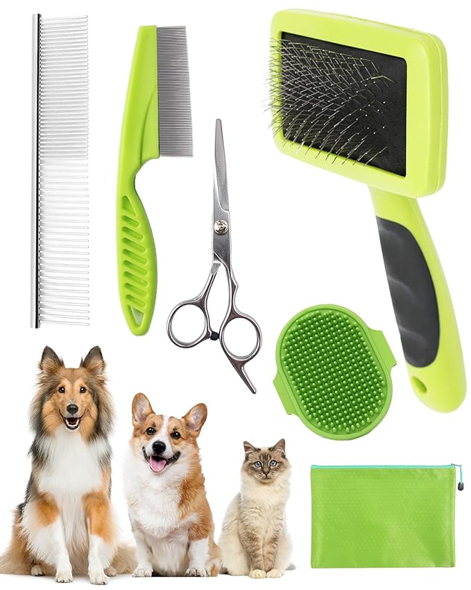 Dog Brush for Shedding Grooming,6 Pack Long-Pin Brush Set for Long Haired Dog Cat Goldendoodles Poodles Doodles Green-PawvioPets