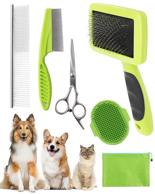 Dog Brush for Shedding Grooming,6 Pack Long-Pin Brush Set for Long Haired Dog Cat Goldendoodles Poodles Doodles Green-PawvioPets