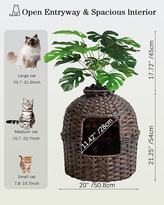 Cat Litter Box Plant Furniture Enclosure, Hidden Handwoven Rattan with Cat Litter Box and Artificial Plants, Odor Control Filter, Real Stones in Living Room, Bedroom, Corner (Brown)-PawvioPets