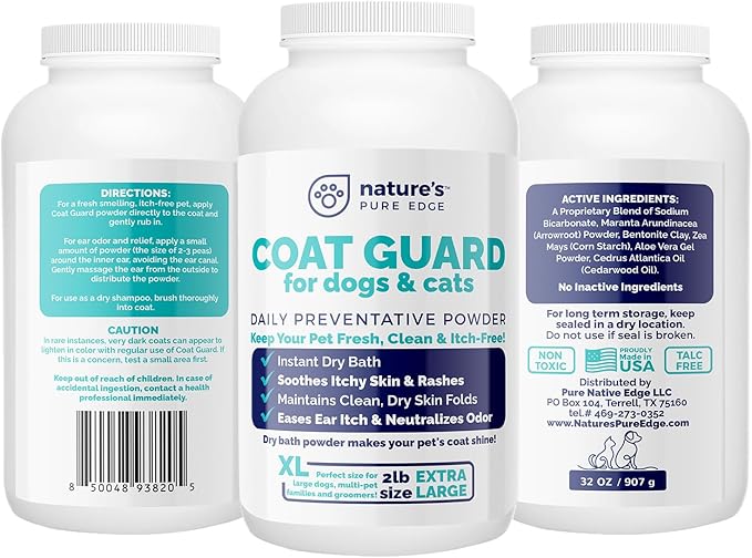 Coat Guard Dry Shampoo for Dogs and Cats - Extra Large 2 lbs Jar, Dog Dry Shampoo Powder, Waterless Dog Shampoo, Anti Itch Relief, Cedar Scented, Anti Dandruff, Hot Spots, Nature's Pure Edge-PawvioPets