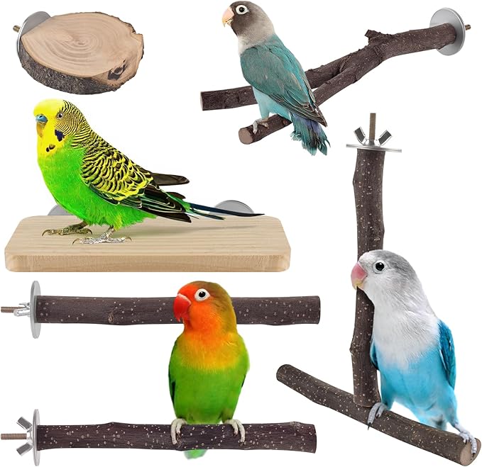 Bird Perches, 6 Pcs Natural Wood Parrot Perch Stand Chew Toys, Hanging Multi-Branch Parrot Perch Platform Swing Toy Cage Accessories for Small Parakeets, Budgies, Lovebirds, Canaries, Finches-PawvioPets