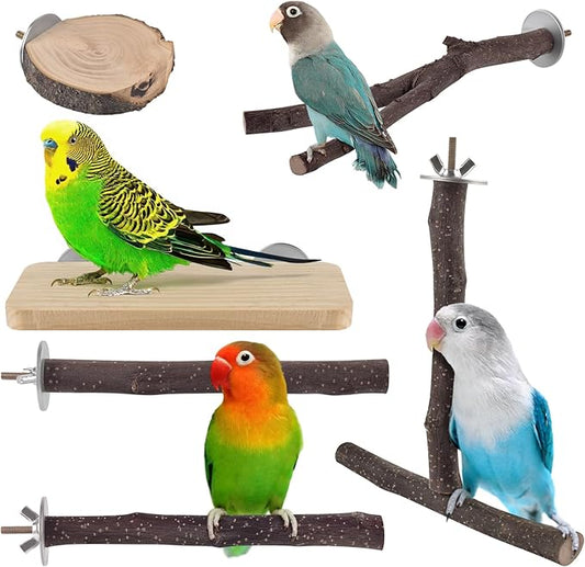 Bird Perches, 6 Pcs Natural Wood Parrot Perch Stand Chew Toys, Hanging Multi-Branch Parrot Perch Platform Swing Toy Cage Accessories for Small Parakeets, Budgies, Lovebirds, Canaries, Finches-PawvioPets