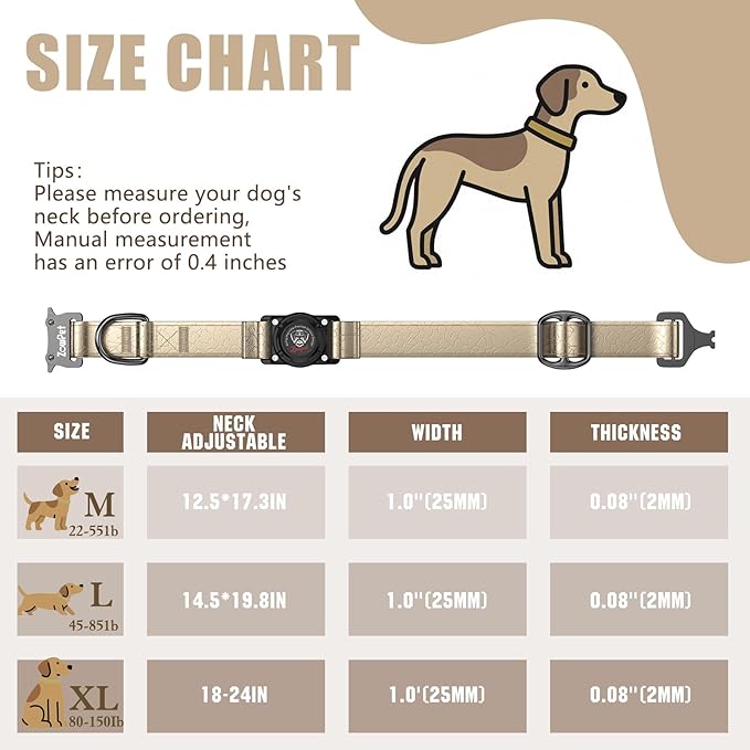 Airtag Dog Collar - Leather Dog Collar with Airtag Holder| IP68 Waterproof AirTag Holder with Metal Buckle, Comfortable GPS Dog Collars Tracker for Medium Large Dogs (Champagne Gold, M)-PawvioPets