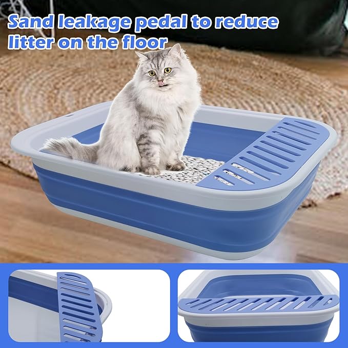 Collapsible Small Cat Litter Box,Open Top Cats Litter Pan with Scoop Foldable Shallow Kitten Potty Toilet Waterproof Cat Travel Litterbox Anti-Splashing Low Entry Semi-Enclosed Easy Clean(Blue)-PawvioPets