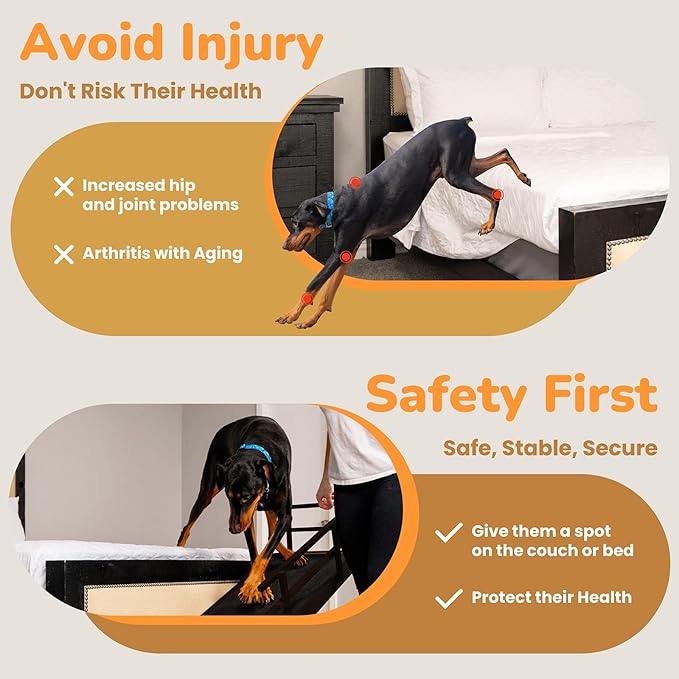 Dog Ramp for Bed, 5 Level Adjustable Dog Ramp for High Beds, Upgrade Rubber Mat High Traction Ramp with Safety Rails, Folding Pet Ramp for Bed, Couch,SUV, Natural Wood Pet Ramp for Small & Old Dogs-PawvioPets