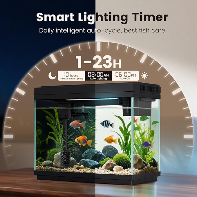 Fishkeeper 2.3G Smart Aquarium - Ultra Clear Glass Fish Tank w/Auto Timer 8-Color RGB Lights, 4-in-1 Self-Cleaning Silent Water Pump, Aromatherapy, Temperature Display, Perfect for Desktop Decor-PawvioPets
