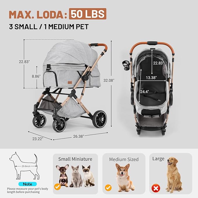 EchoSmile Small Medium Dogs Stroller 4-Wheel Pet Strollers for Medium Dogs Up to 50lbs, One Click Folding Large Cat Stroller, Reversible Handle, Shock Absorbing Wheels, Removable Washable Pad-PawvioPets