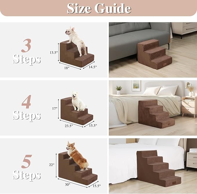 GGIB Dog Stairs for Small Dogs Cats Non-Slip Dog Steps for High Bed Pet Stairs for Sofa Couch Pet Ramp Pet Steps with Removable Washable Cover, Brown, 22" H, 5-Step-PawvioPets