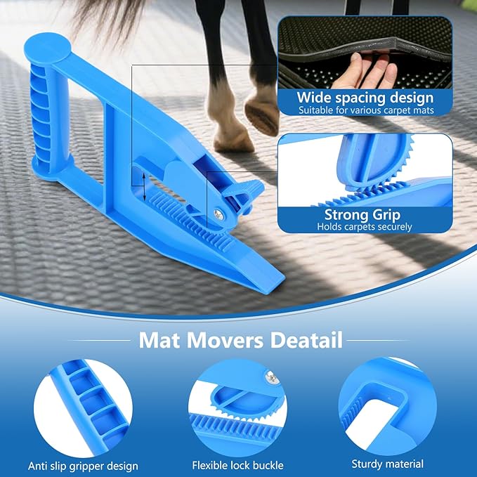 2 Piece Mat Movers Set, Heavy Duty Rubber Mat Grippers for Horse Stalls, Gym, Barn, Trailer, Stall Mat Handlers with Strong Handle and Plastic Teeth, Effortless Mat Puller for Tack Room, Barn-PawvioPets