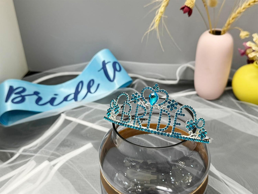JETKONG 3 Pcs Bachelorette Party Decorations "BRIDE" Crown, Bride to Be Sash&Veil for Women Bachelorette Party Gifts, Bridal Shower Supplies, Gifts, Favors (Light Blue)