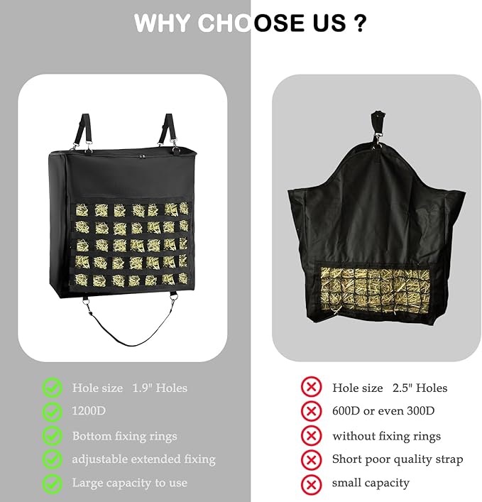 1Pcs Hay Bag for Horse,1200D Oxford Fabric Slow Feed Bags with Front Hay Nets Design and Heavy Duty Zipper Large Top Load Feeding Bag for Horses and Livestock,Black-PawvioPets