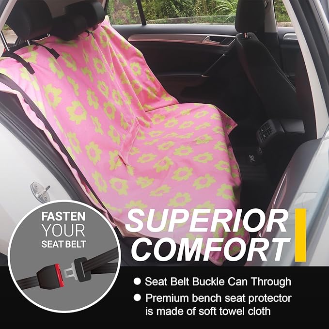Back Seat Cover for Car Trucks Van SUV,Waterproof Rear Bench Towel Seat Covers for Dogs and Kids,Automotive Backseat Protector (Flower and Pink)-PawvioPets