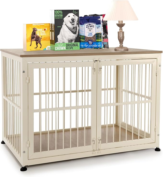 40 Inch Dog Crate Furniture for Large Medium Dogs, Wooden Heavy Duty Dog Kennel with Double Doors, Decorative Pet House Dog Cage Side End Table Indoor, Pet Cage Dog House, Beige-PawvioPets
