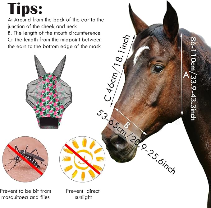 Frienda 4 Pieces Horse Fly Masks with Ears Face Covering UV Protection from Insect Pests Elasticity Smooth Comfortable Mesh Horse Mask Accessories(Fruit,Large)-PawvioPets