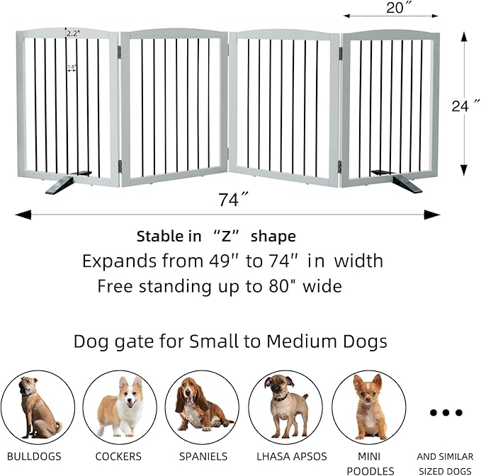 Freestanding Panel Dog Gate for Indoor, Doorways, Stairs, or Hallways - Foldable Wooden Pet Fence With Support Feet - 24" Height, 4 Panels, White-PawvioPets