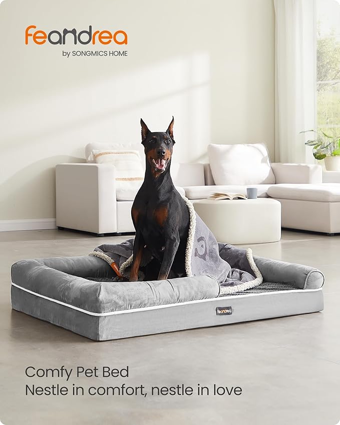 Feandrea Orthopedic Dog Bed, Large Dog Bed Waterproof, Removable Washable Cover Sofa with Non-Slip Bottom, Raised Edges, 48 x 33 x 8 Inches, Light Gray UPGW078G02V1-PawvioPets