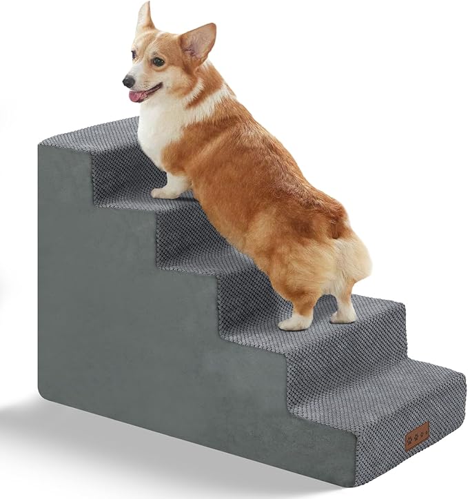 GGIB Dog Stairs for Small Dogs Cats Non-Slip Dog Steps for High Bed Pet Stairs for Sofa Couch Pet Ramp Pet Steps with Removable Washable Cover, Grey, 22" H, 5-Step-PawvioPets