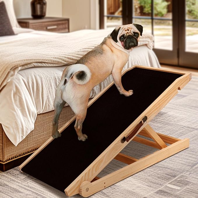 Dog Ramp for Bed, Adjustable Pet Ramps for Dog to Get on Bed, Non-Slip Rubber Surface - Folding Wooden Dog Ramp for Small/Large/Old Dogs, Adjustable up to 19.5 inch High Beds-PawvioPets