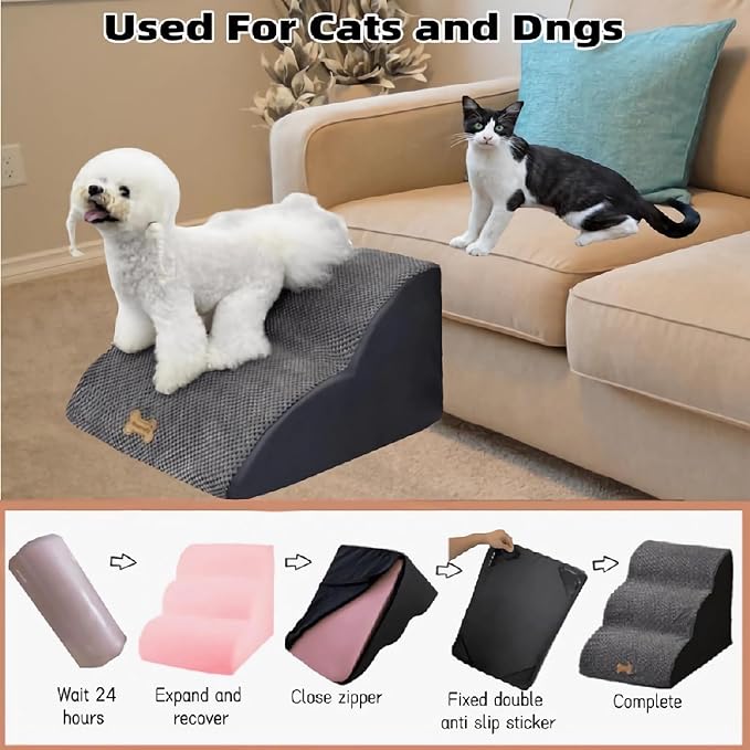 Dog Stairs for High Beds Couches 2-Step 2-5 Step Pet Stairs Steps for Small Large Dogs Cats Non-Slip Balanced Ramp Indoor Stairs with Non-Slip Sticker 30D Grey-PawvioPets