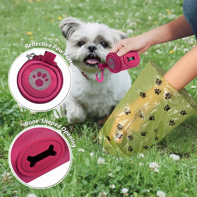 Dog Poop Bag Holder for Leash Doggie Waste Bag Dispenser Soft Fabric Puppy Potty Carrier Small Doggy Zipper Pouch with Carabiner Clip 1680D Nylon Oxford with 1 Roll of Pet Trash Bags, Rose Red-PawvioPets