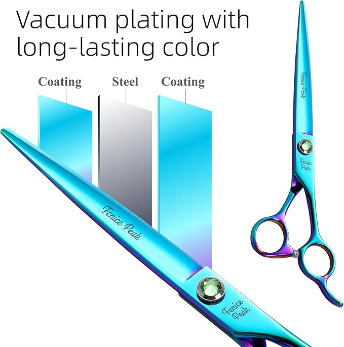 Fenice Peak 7.5'' Green Straight Dog Grooming Scissors Pet Shears with Ergonomic Offest Handle and Simulated Emerald Screw 440C Grooming Scissors Trimming Shears Durable and Sharp-PawvioPets