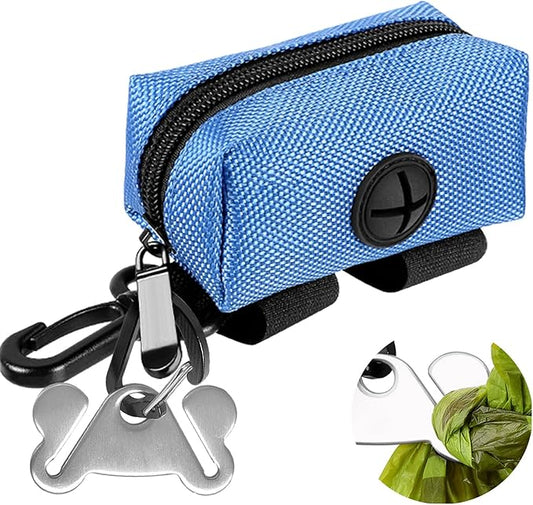 Dog Waste Bag Dispenser Pet Poop Bags Holder for Doggie Waste Bags Dispensers Soft Fabric Zipper Small Doggy Puppy Pouch for Leash Accessory Attachment with Carrier,Blue-PawvioPets