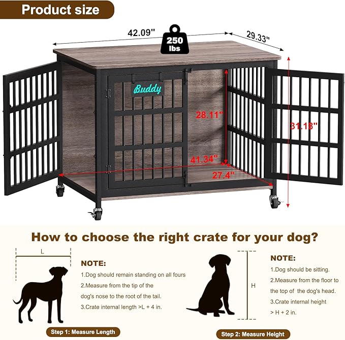 EasyCom 42"/41"/33" XL Dog Crate Furniture with Casters, Heavy Duty Dog Kennel Indoor for Large and Medium Dogs, Double-Doors Sturdy Dog Cage for Anxiety Dog, Decorate House as TV Stand, Bedside Table-PawvioPets