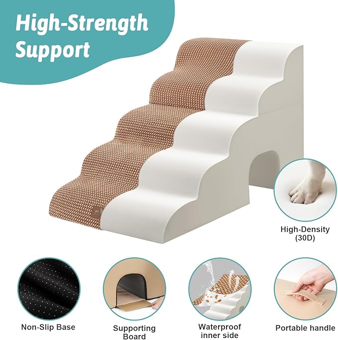 Extra Wide Dog Stairs with Tunnel, Detachable Large Pet Step for Small Medium Dog, Puppy or Cat, Ramp for High Bed, Couch, Sofa or Car, Stable, 19.7x33x22.4 inch, 5 Step, Light Brown-PawvioPets