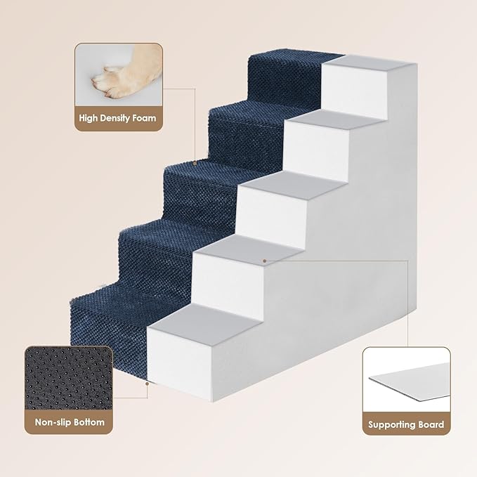 EHEYCIGA Dog Stairs for High Bed 22.5" H, 5-Step Dog Steps for Bed, Pet Steps for Small Dogs and Cats, Non-Slip Balanced Pet Ramp Indoor, Navy Blue-PawvioPets