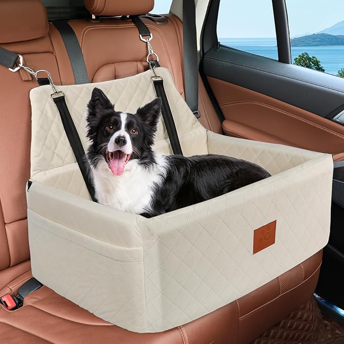 Dog Car Seat for Large Medium Dogs,Washable Pet Carseat Under 55 lbs or 2 Small Dogs,Dog Booster Seat Travel Bed with Thick Cushion,2 Safety Leashes-PawvioPets