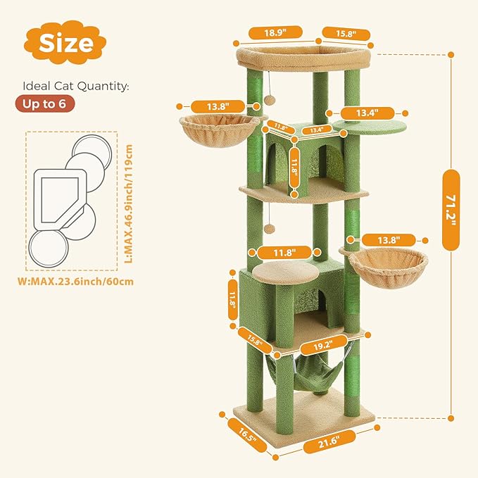 71.2" Large Cat Tree for Multi-Cat Households - 9-Level Cat Tower w/5 Sisal Scratching Posts, 2 Condos, Soft Hammock, Top Perch & Pom Poms - Heavy-Duty Space-Saving Design, Cactus Green-PawvioPets