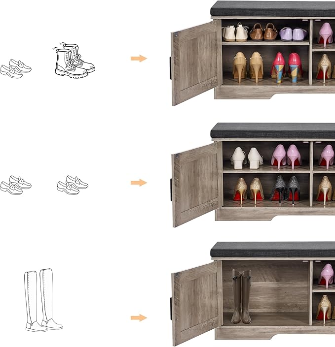 2-Tier Storage Bench, Shoe Bench with Padded Seat Cushion, Entryway Bench with 2 Barn Doors, Adjustable Shelf, 13.8" D x 39.4" W x 17.7" H, for Entryway, Living Room, Bedroom, Greige-PawvioPets