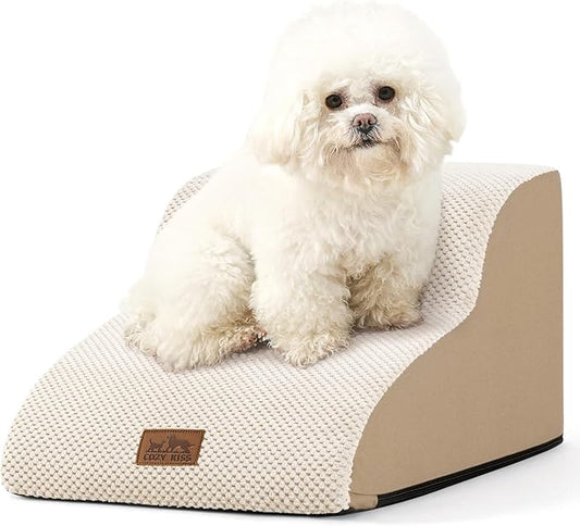 Dog Stairs for Small Dogs 11.8" H, Pet Step with Leakproof Cover, High Density Foam Cat Ramp for Chair or Sofa, Lightweight, Durable, Comfort, 15.7x19.7x11.8 inch, 2 Tiers, Beige-PawvioPets