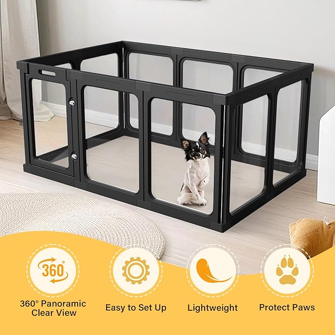 Acrylic Clear Dog Play Pen Indoor, Plastic Puppy Playpen with Door, Clear PlayPen for Dog Cat Rabbit Ferret, Easy Assemble Pen, Preferable Small Cage, 23.6" H, 10PCS, Black-PawvioPets