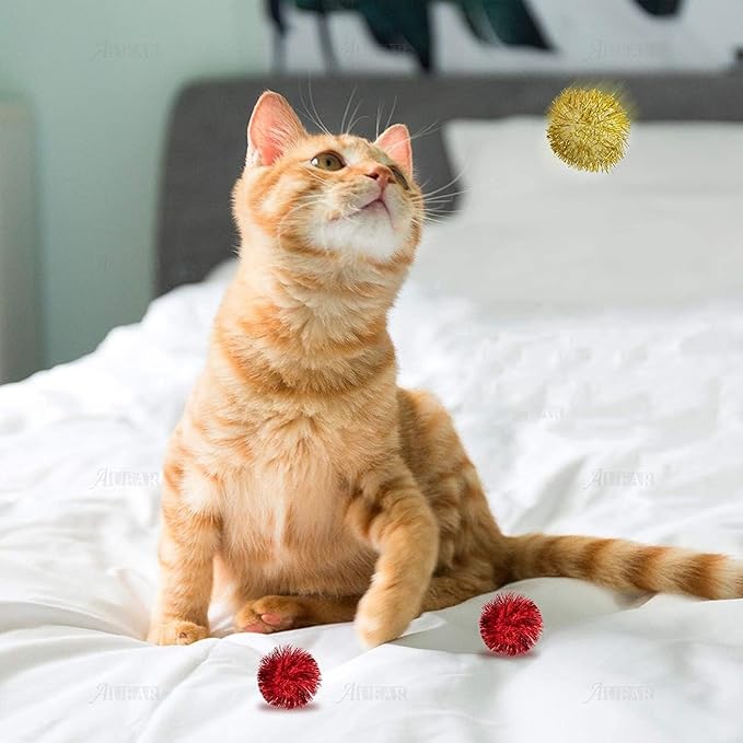 AUEAR, 12 Pack 2 Inch Sparkle Ball Shiny Glitter Tinsel Pom Poms Interactive Cat Balls for Kittens (4 Colors, 12 Inch-12 Pack)-PawvioPets