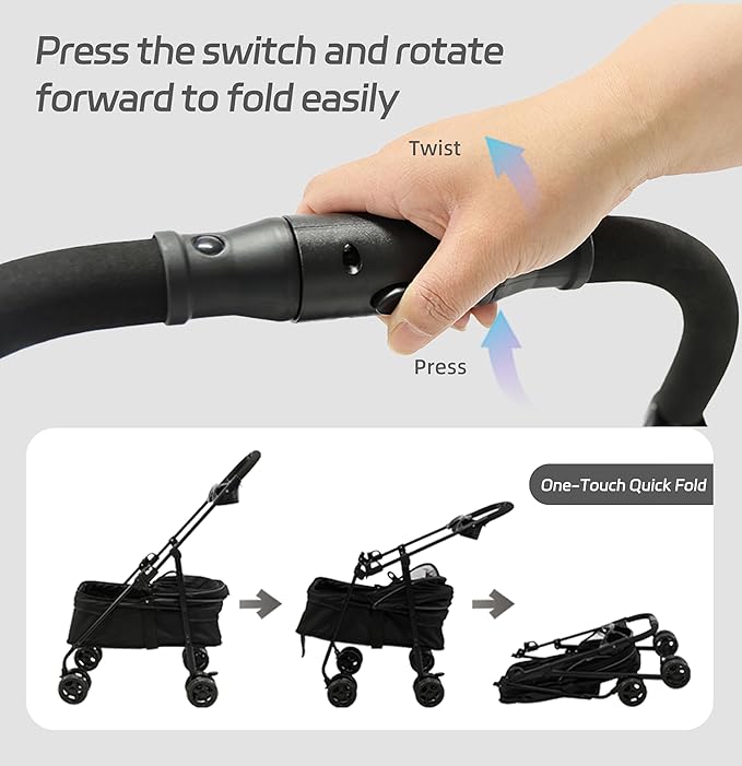 4 Wheels Pet Stroller,One-Click Folding Portable Folding Dog Cat Stroller,Sunshade, Storage Bag, Waterproof Oxford Fiber，Breathable and Visible Mesh for Small/Medium Pets up to 33 lbs,Black ﻿-PawvioPets