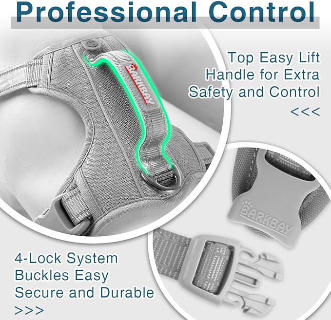 BARKBAY Dog Harness No Pull with ID Tag Pocket - Heavy Duty, Reflective, Easy Control for Large Dogs(Grey,L)-PawvioPets