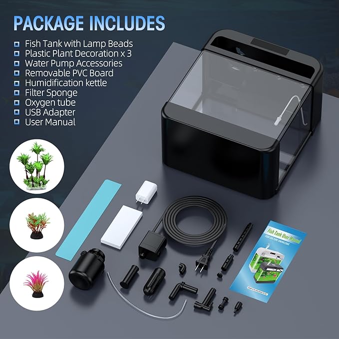 Fish Tank 2.2 Gallon Fish Bowl with Humidifier 7 Color Auto-Looping Light 3 in 1 Quiet Pump with Filteration & Oxygenation & Circulation, Temperature Display, HD Float Glass, Thickened Base-PawvioPets