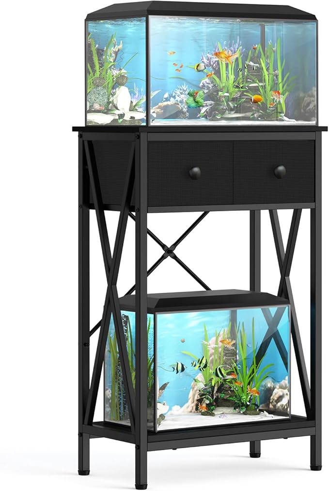 Fish Tank Stand for 5-10 Gallon Fish Tank: Aquarium Stand with Power Outlet - Metal 10 Gallon Tank Stand with Cabinet Drawer Storage for Turtle Tank, Reptile Terrarium (Black, 220LBS Capacity)-PawvioPets