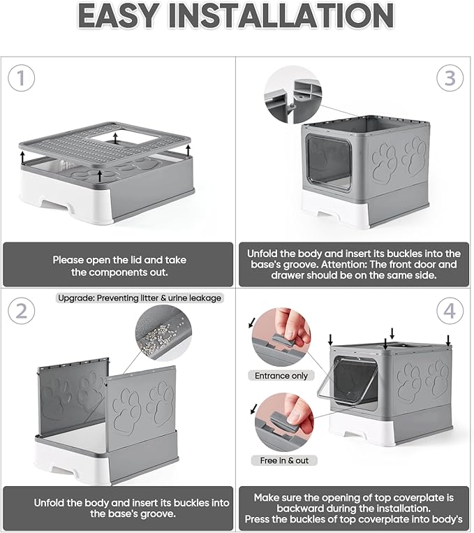 Cat Litter Box with X-Large Litter Mat and Scoop, Large Foldable Litter Box with Lid, Enclosed Kitty Box,Front Top Entry Exit, Odor Control Easy to Clean (Upgrade Dark Grey)-PawvioPets