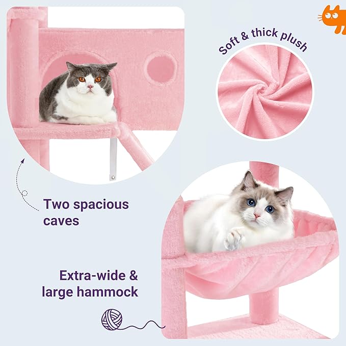 Allewie 81 Inches Tall Cat Tree/Multi-Level Large Climbing Tree House and Towers for Big Feline/Condo and Hammock/Scratching Post/Wide Base/Pink-PawvioPets